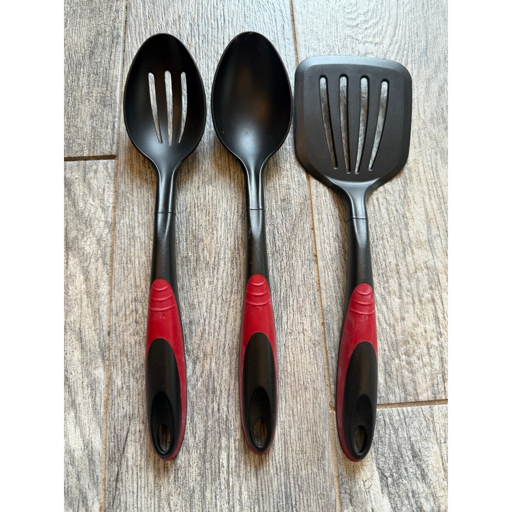 Tailor Made Kitchen Utensil Set 3 pc Black‎ Red Nylon Slotted Spoons Turner USA
